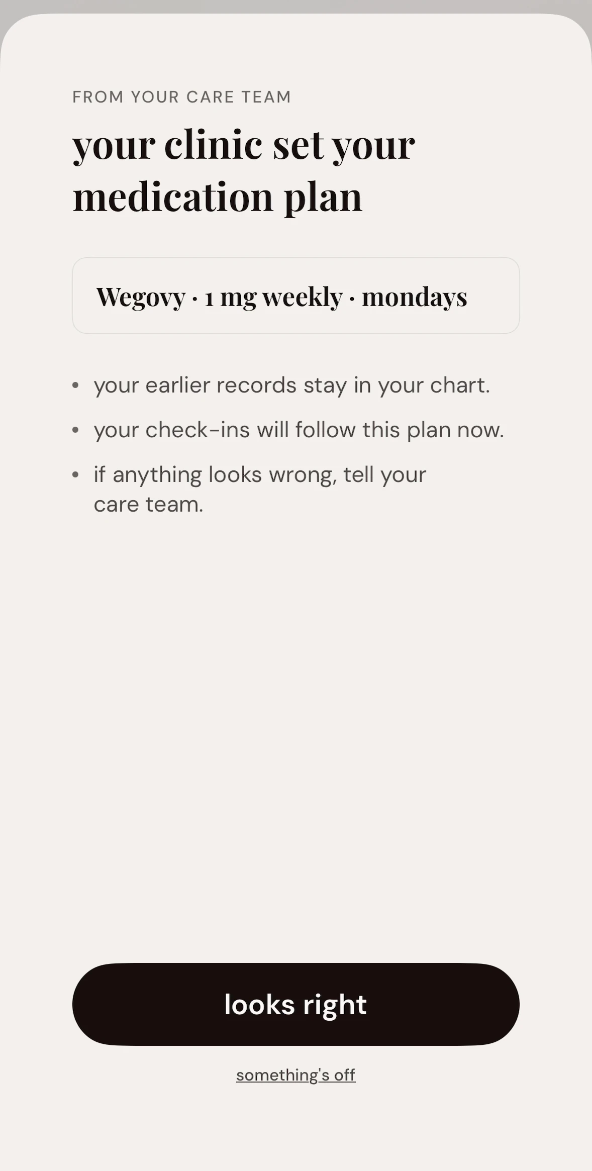 What that form becomes: the plan on the patient's phone, attributed to their clinic, with two answers underneath