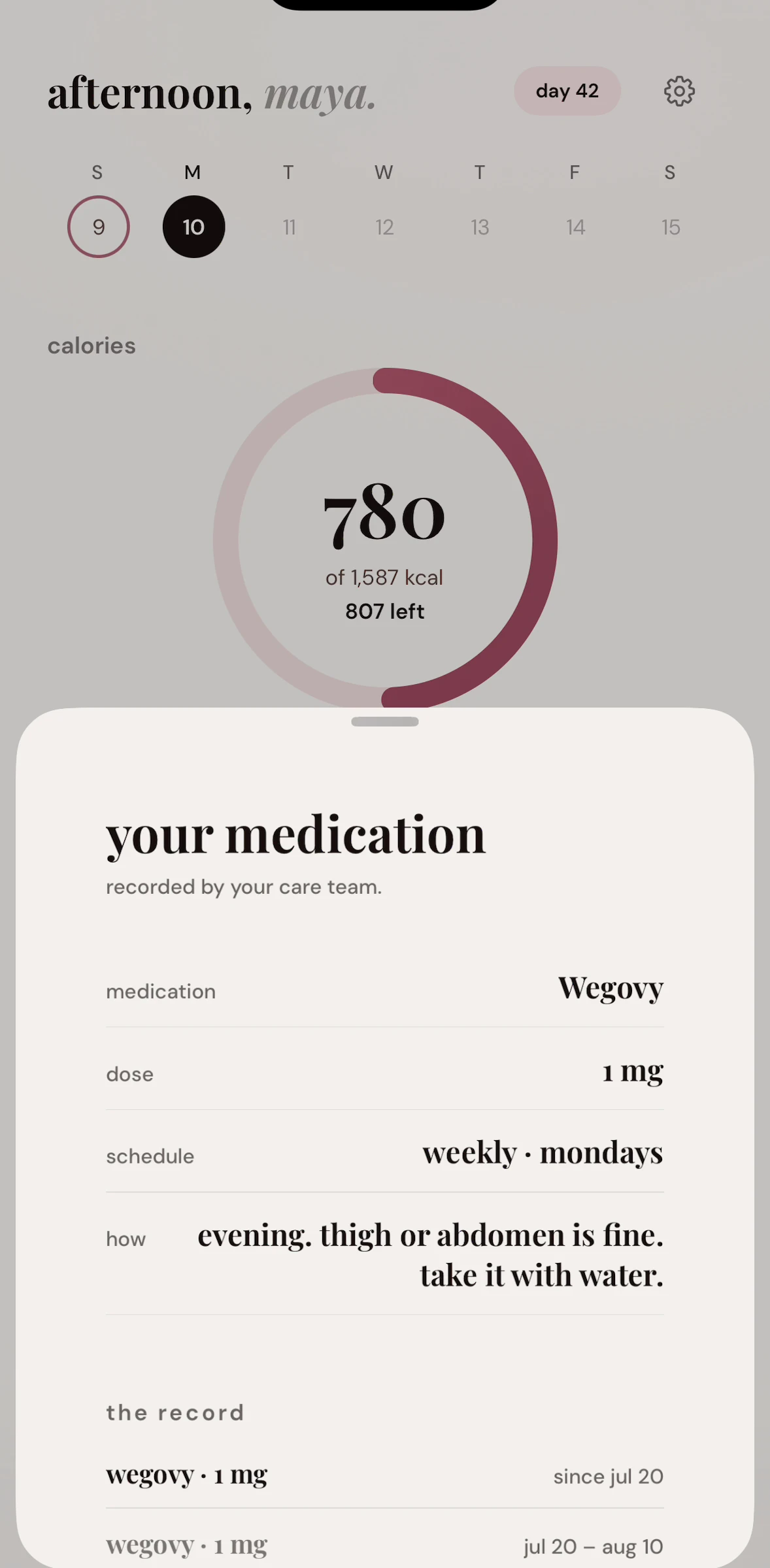 The patient's read-only view of their medication plan, with the dated record of it underneath