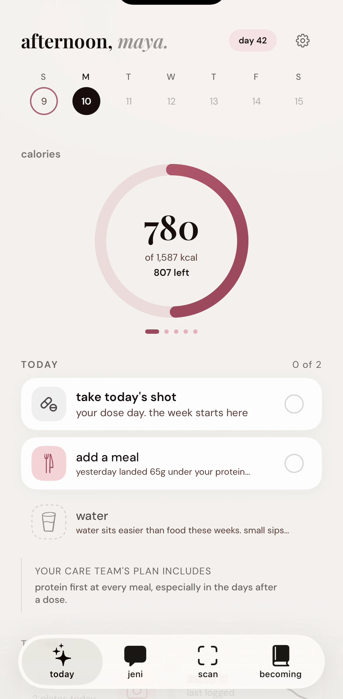The patient's Today screen: the day's dose, a meal to add, water, and the clinic's standing instruction underneath
